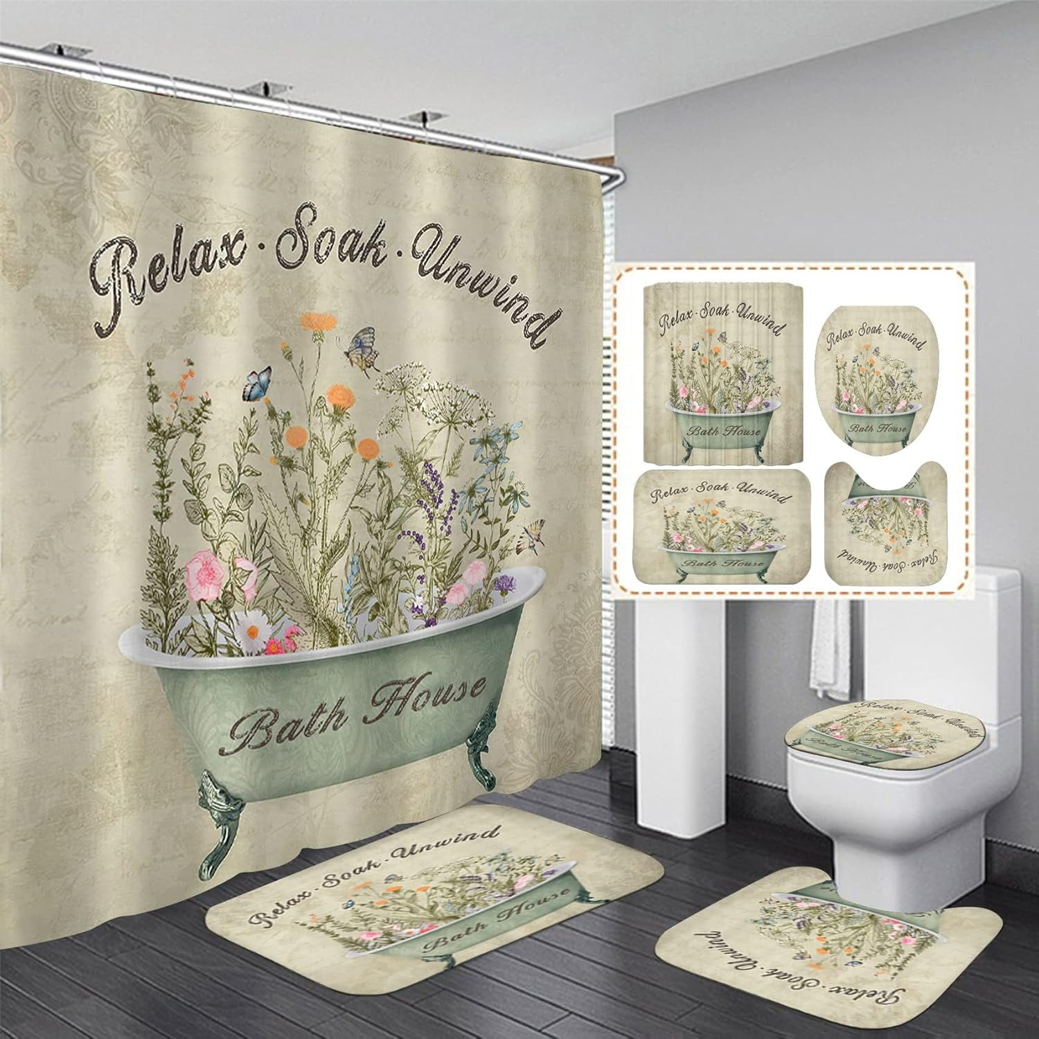 4 Pcs Floral Shower Curtain Flowers Leaves Bathroom Sets with Shower Curtain and Rugs Vintage Farmhouse Bathroom Decor Country Bathtub on Rustic Wood Backdrop Bathroom Rugs Mat Toilet Lid Cover
