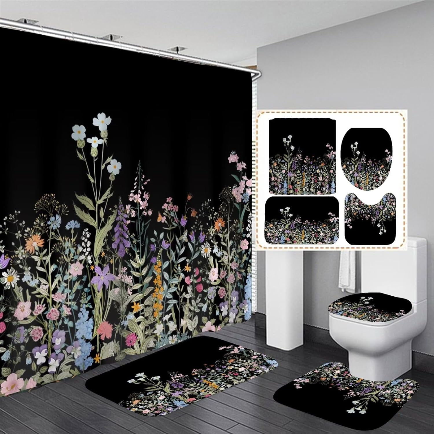 4 Pcs Floral Shower Curtain Set Black Shower Curtain and Rug Set Colorful Floral Bathroom Decor Sets with Shower Curtains and Rugs and Accessories Flower Bathroom Shower Curtain Set with 12 Hook