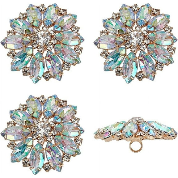 4 Pcs Flower Alloy Clear Rhinestone Shank Buttons 1.5x1.57inch Hole 4mm Clear AB Rhinestone Crystal Sew On Button Bouquet Buttons for Clothing DIY Decorate