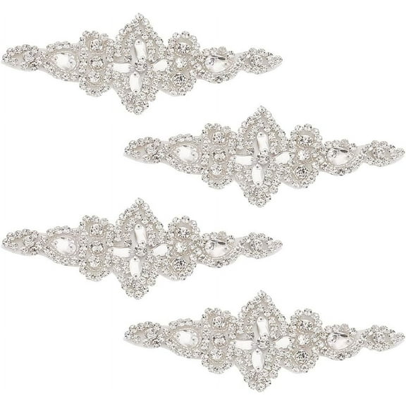 4 Pcs Flower Crystal Rhinestone Appliques Iron/Sew on Patches - Glass Rhombus Diamond for Bridal Dress Headpiece Belt Costume Accessories