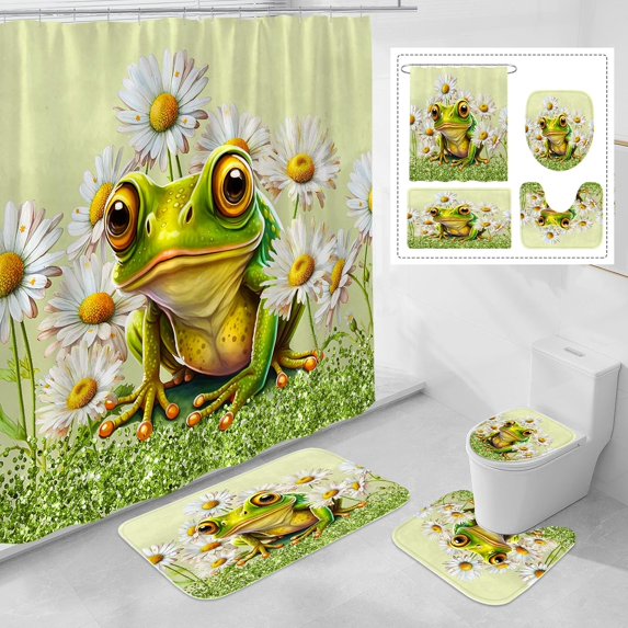 4 Pcs Flower Frog Cute Kids Shower Curtain Sets with Rugs for Bathroom Decor, Funny Floral Bathroom Sets with Shower Curtain and Rugs, Bathroom Curtain Set with Mats (Hooks Not Included)