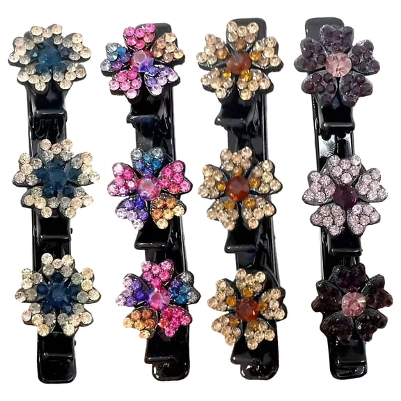 4 Pcs Flower Hair Clip, Multicolor Braided for Women, Rhinestone Crystal Duckbill Hairpins with Double Layer Design, Sparkling Side Bangs Hair Barrettes, Light Weight Headwear for Party Wedding Daily