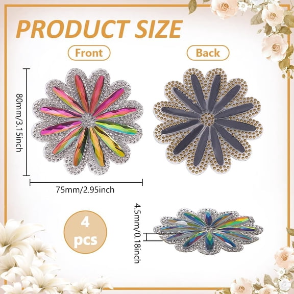 4 Pcs Flower Rhinestone Patches 3.1x3x0.2Inch Vitrail Light Floral Iron on Applique Hotfix Rhinestone Trimming Patches Clothing Repair Applique for Backpack Pants Hat Jeans Daily Use