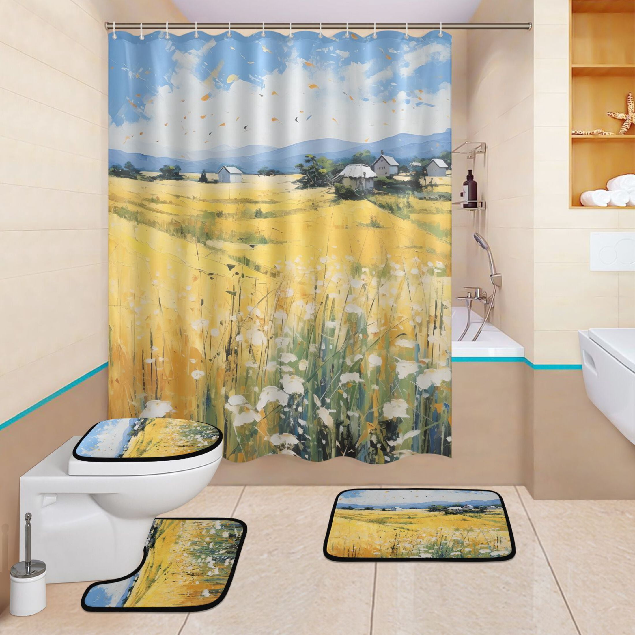 4 Pcs Flowers in Yellow Bathroom Shower Curtain Set with 12 Hooks Bath ...