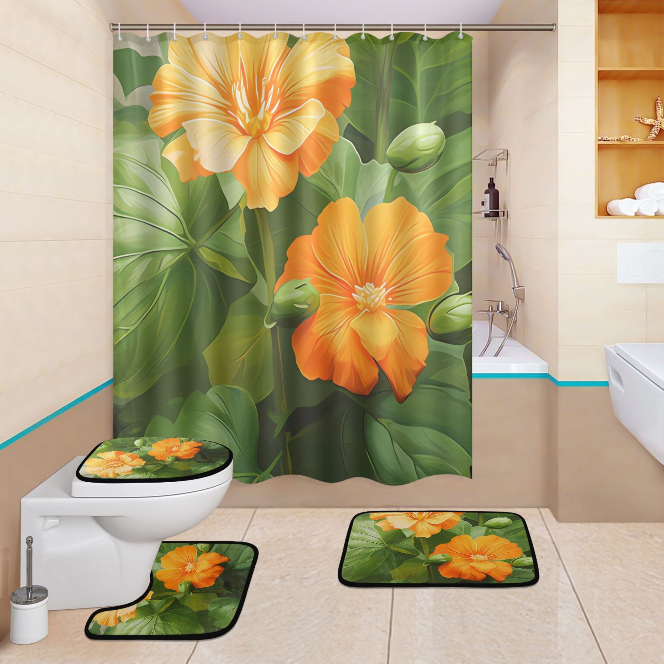 4 Pcs Flowers with Leaves Bathroom Shower Curtain Set with 12 Hooks