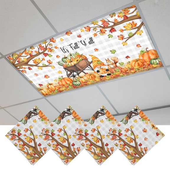 4 Pcs Fluorescent Light Covers for Ceiling Lights,Fall Dwarf Squirrel on Buffalo Plaid,Magnetic Light Filters Drop Fluorescent Light Shade for Office Autumn Pumpkin Maple Leaf