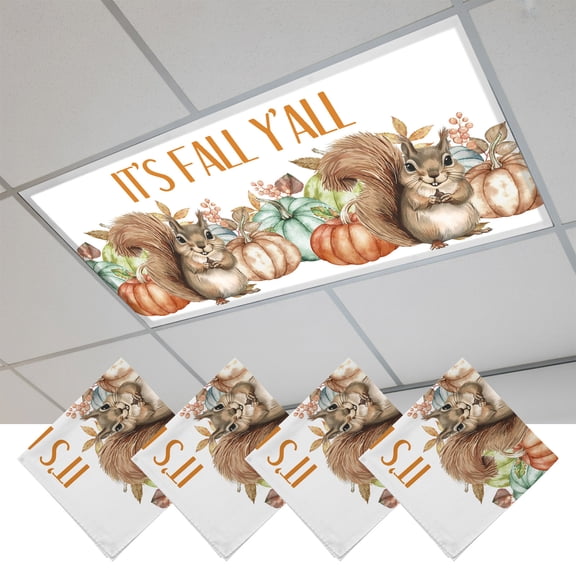 4 Pcs Fluorescent Light Covers for Ceiling Lights,Fall Thanksgiving Squirrel Pumpkin,Magnetic Light Filters Drop Fluorescent Light Shade for Office Botanical Leaves on White