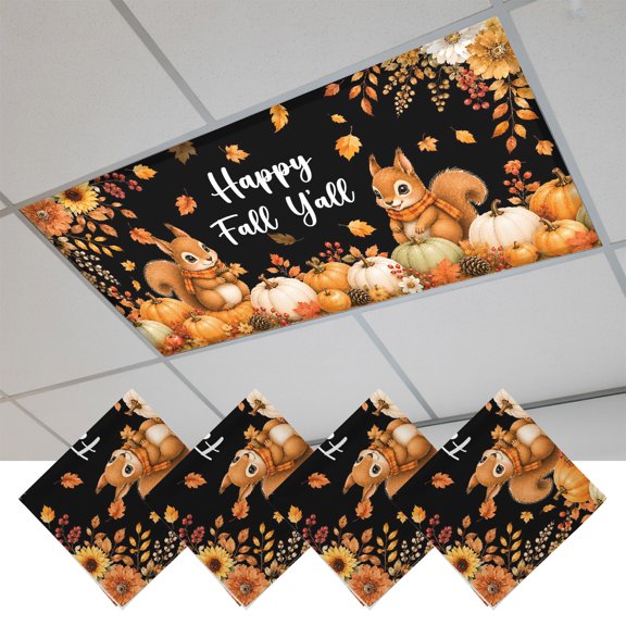 4 Pcs Fluorescent Light Covers for Ceiling Lights,Happy Fall Y'all Squirrel,Magnetic Light Filters Drop Fluorescent Light Shade for Office Thanksgiving Pumpkins Sunflowers