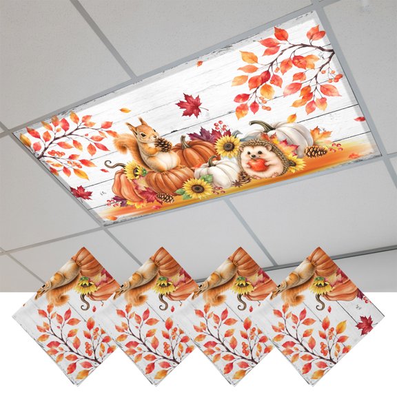 4 Pcs Fluorescent Light Covers for Ceiling Lights,Rustic Squirrel Hedgehog Wood Plank,Magnetic Light Filters Drop Fluorescent Light Shade for Office Thanksgiving Pumpkin Leaf