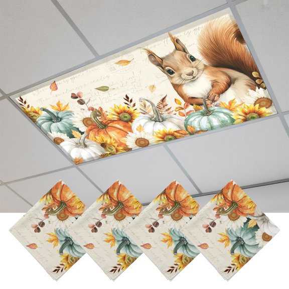 4 Pcs Fluorescent Light Covers for Ceiling Lights,Squirrel Fall Thanksgiving Pumpkins,Magnetic Light Filters Drop Fluorescent Light Shade for Office Farm Sunflower Retro Backdrop