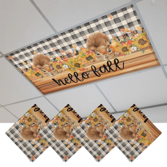 4 Pcs Fluorescent Light Covers for Ceiling Lights,Squirrel Sunflower Autumn Thanksgiving,Magnetic Light Filters Drop Fluorescent Light Shade for Office Buffalo Check Retro Wooden
