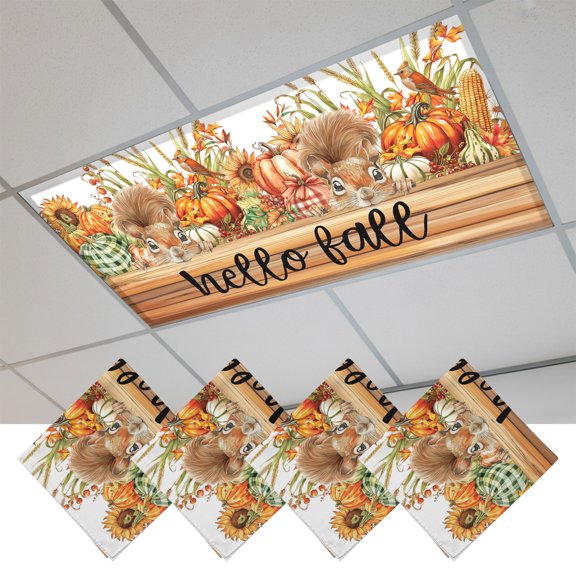 4 Pcs Fluorescent Light Covers for Ceiling Lights,Squirrel Thanksgiving Pumpkin Autumn Wheat Ears,Magnetic Light Filters Drop Fluorescent Light Shade for Office Farm Plants Flowers