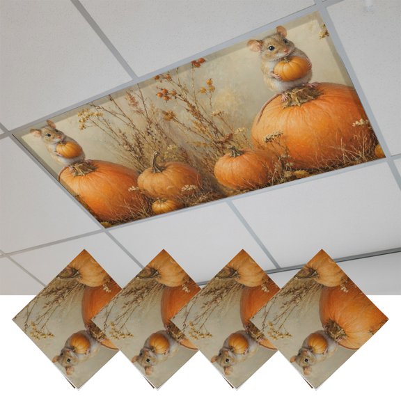 4 Pcs Fluorescent Light Covers for Ceiling Lights,Thanksgiving Pumpkin Field Mouse,Magnetic Light Filters Drop Fluorescent Light Shade for Office Retro Fall Farmhouse Art