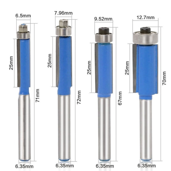 4 Pcs Flush Trim Router Bit Set for Woodworking, 1/4 Inch Shank TCT Carbide Cutter with Ball Bearing Guide for Laminate Plywood Plastic and Non-Ferrous Metals