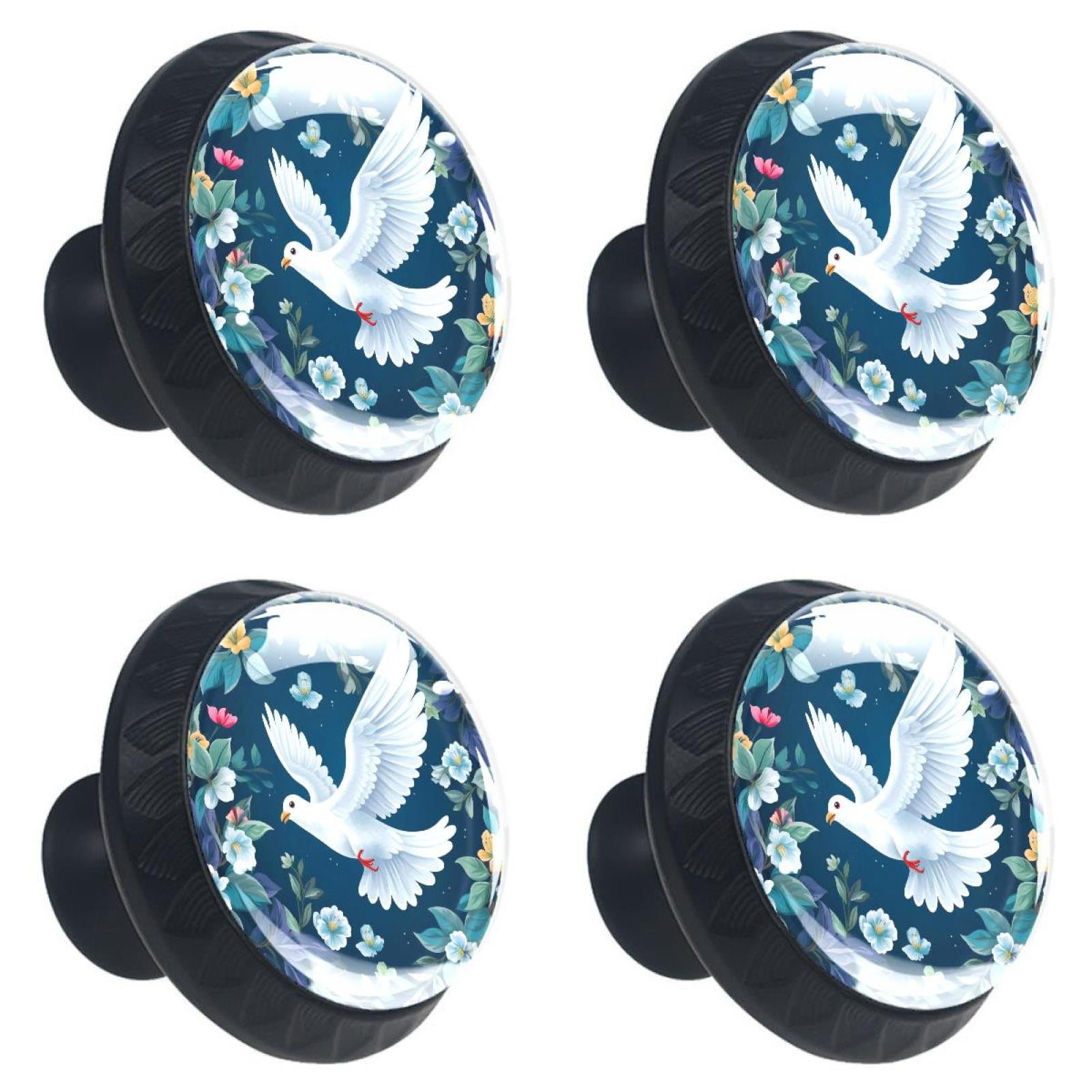 4 Pcs Flying White Pigeon and Flowers Print Knobs 30mm Round