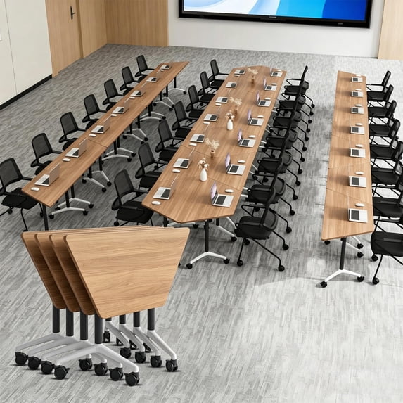 4 Pcs Folding Conference Table with Wheels,47.2in Flip-Top Conference Tables,Mobile Training Table for 2-12 Person,Trapezoid Design,for Classrooms & School Office Spaces(Oak)