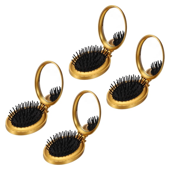 4 Pcs Folding Hair Brush, Mini Hair Brush with Mirror, Portable Oval Mirror Pocket Travel Comb for Women Girls Makeup Travel, Gold