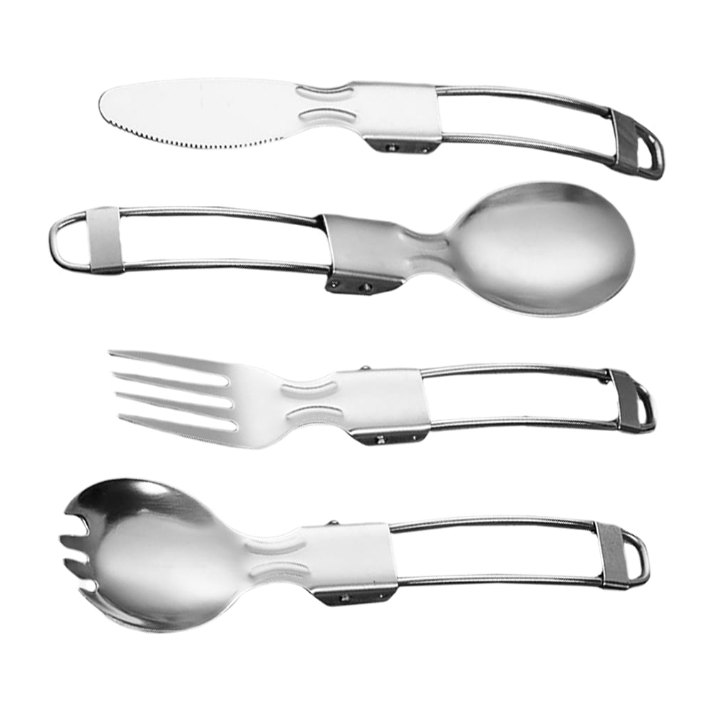 4 Pcs Folding Knife and Fork Spoon Flatware Steel Wire Salad Portable Cutlery Camping Metal