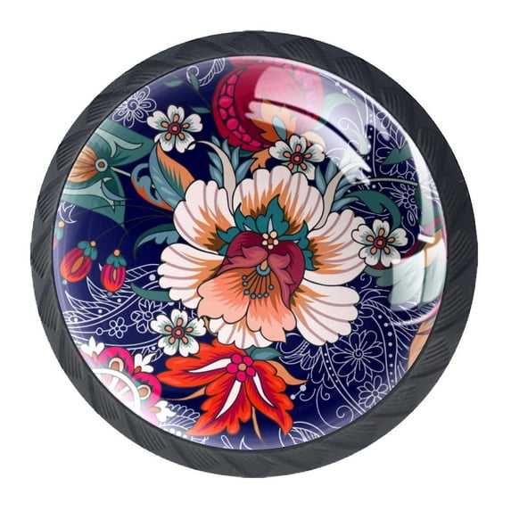 4 Pcs Folk Flower Floral Knobs for Kitchen Cabinet Cupboard Dresser Bookcase Drawer Pulls Handles Round Home Decor