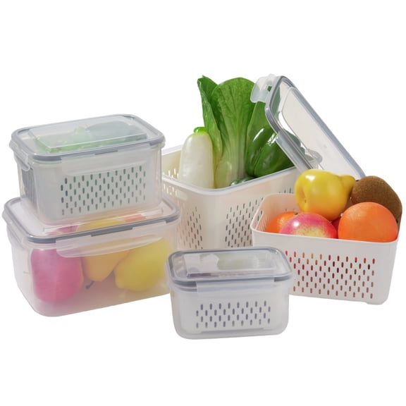 4 Pcs Food Storage Containers with Lids and Built-in Drain Basket, Plastic Rectangle Refrigerator Organizer Fresh-Keeping Boxes Set, Multi-Size Food Storage Containers for Fruit, Vegetables, Salad