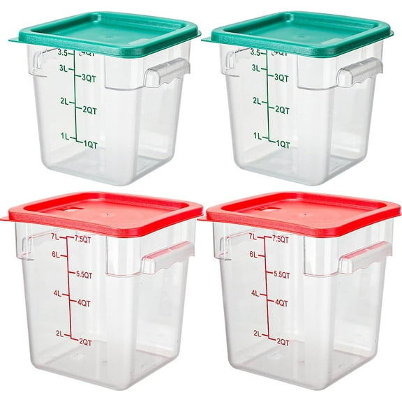 4 Pcs Food Storage Containers with Scales 8 qt and 4 qt Square Containers with Lids and Handles Polycarbonate Air Tight for Home Storage Kitchen Restaurant(Red, Green)