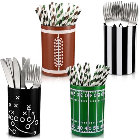 4 Pcs Football Utensil Holder Football Party Decorations Centerpiece for Table Sports Themed Plastic Chopsticks Holder with 4 Custom PVC Stickers for Kitchen Counter House Decoration$$