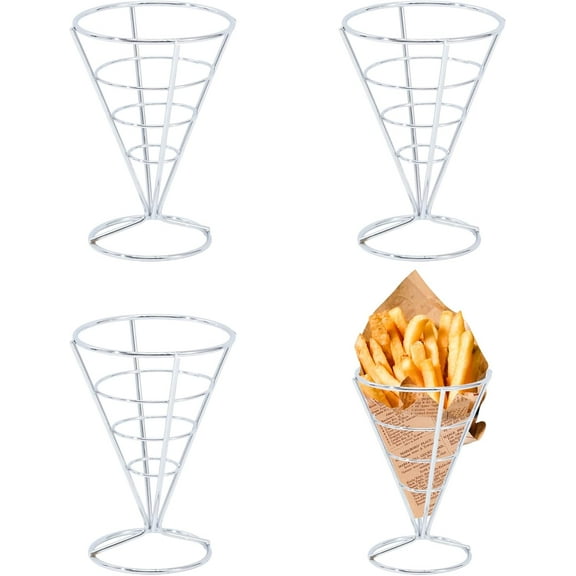 4 Pcs French Fries Stand Cone Basket Fry Holder Iron Cone Holders Reusable Snack Basket for Home Party Kitchen Restaurant Cafe Table Serving Silver 148101132mmSilver