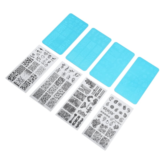 4 Pcs French Nail Art Stamping Plates Set Metallic Printing Steel Image Template Set with Clear Stamp Film 7.87 x 5.91 in / 20 x 15 cm