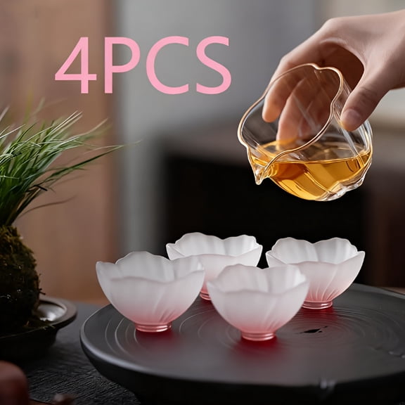 4 Pcs Frosted Pink Cherry Blossom Glass Teacups - 40ml Elegant Sakura Tea Cups, Ideal for Tea Tasting, Home, Office and Outdoor Camping, Gift Set for Tea Enthusiasts