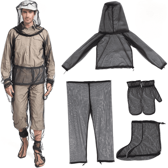 4 Pcs Full Body Mosquito Repellent Clothing Bug Suit, Mosquito Suits for Adult, Mesh Net Bug Hooded Jacket Pant, Outdoor Full Body Protection Mosquito Proof Clothing