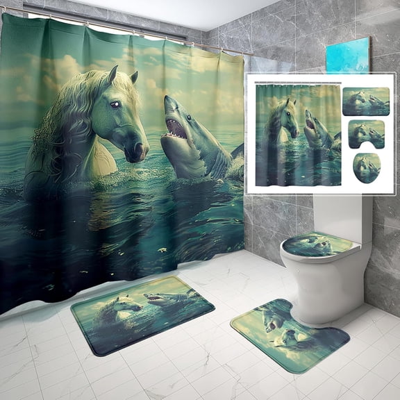 4 Pcs Funny Cat Shower Curtain Set - Cute Cat Bathroom Set for Kids Boys Girls, Blue Sea Ocean Themed Shower Curtain with Rug, Toilet Cover and Bath Mat, Girl Bathroom Decor with 12 Hooks
