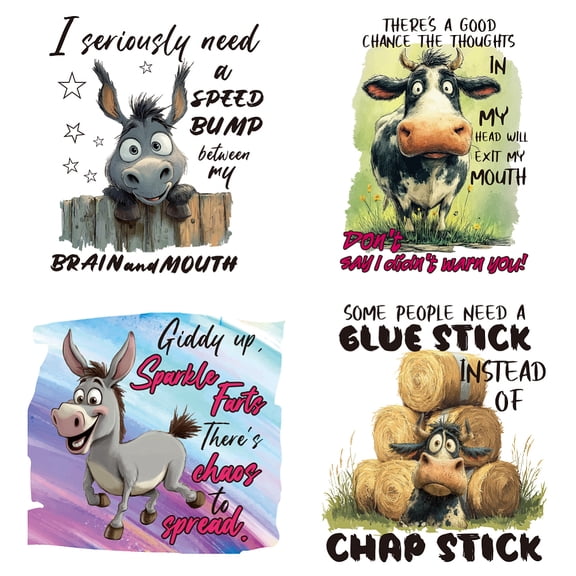 4 Pcs Funny Donkey Iron on Decals Patches Funny Phrases and Cow Iron on Stickers Heat Transfer Stickers Plastic Washable Patches DIY