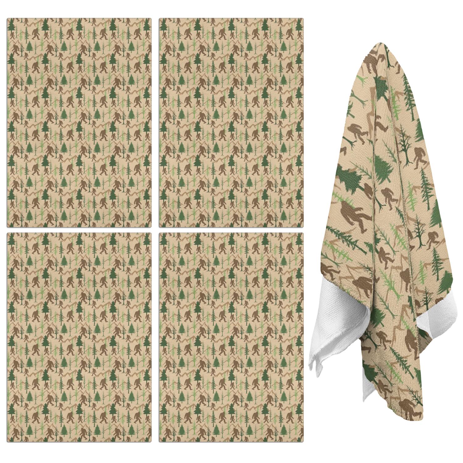 4 Pcs Funny Kitchen Towels,Beige Bigfoot and Forest Pattern Microfiber Dish Towels,Kitchen Tea Towels,Kitchen Towel Set (18" X 26")