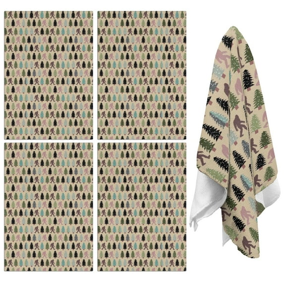 4 Pcs Funny Kitchen Towels,Beige Bigfoot and Pine Tree Pattern Microfiber Dish Towels,Kitchen Tea Towels,Kitchen Towel Set (18" X 26")
