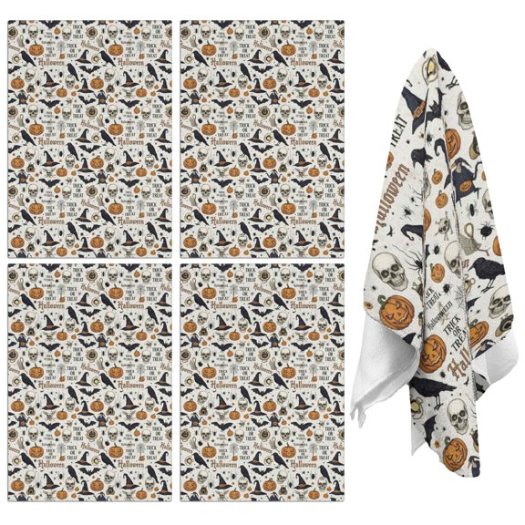 4 Pcs Funny Kitchen Towels,Beige Halloween Pumpkin Skull Bat Pattern Microfiber Dish Towels,Kitchen Tea Towels,Kitchen Towel Set (18" X 26")
