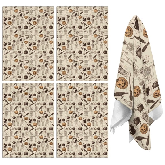 4 Pcs Funny Kitchen Towels,Beige Halloween Skull Pumpkin Cat Pattern Microfiber Dish Towels,Kitchen Tea Towels,Kitchen Towel Set (18" X 26")