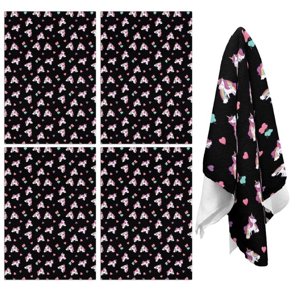 4 Pcs Funny Kitchen Towels,Black Cartoon Unicorn Heart Pattern Microfiber Dish Towels,Kitchen Tea Towels,Kitchen Towel Set (18" X 26")