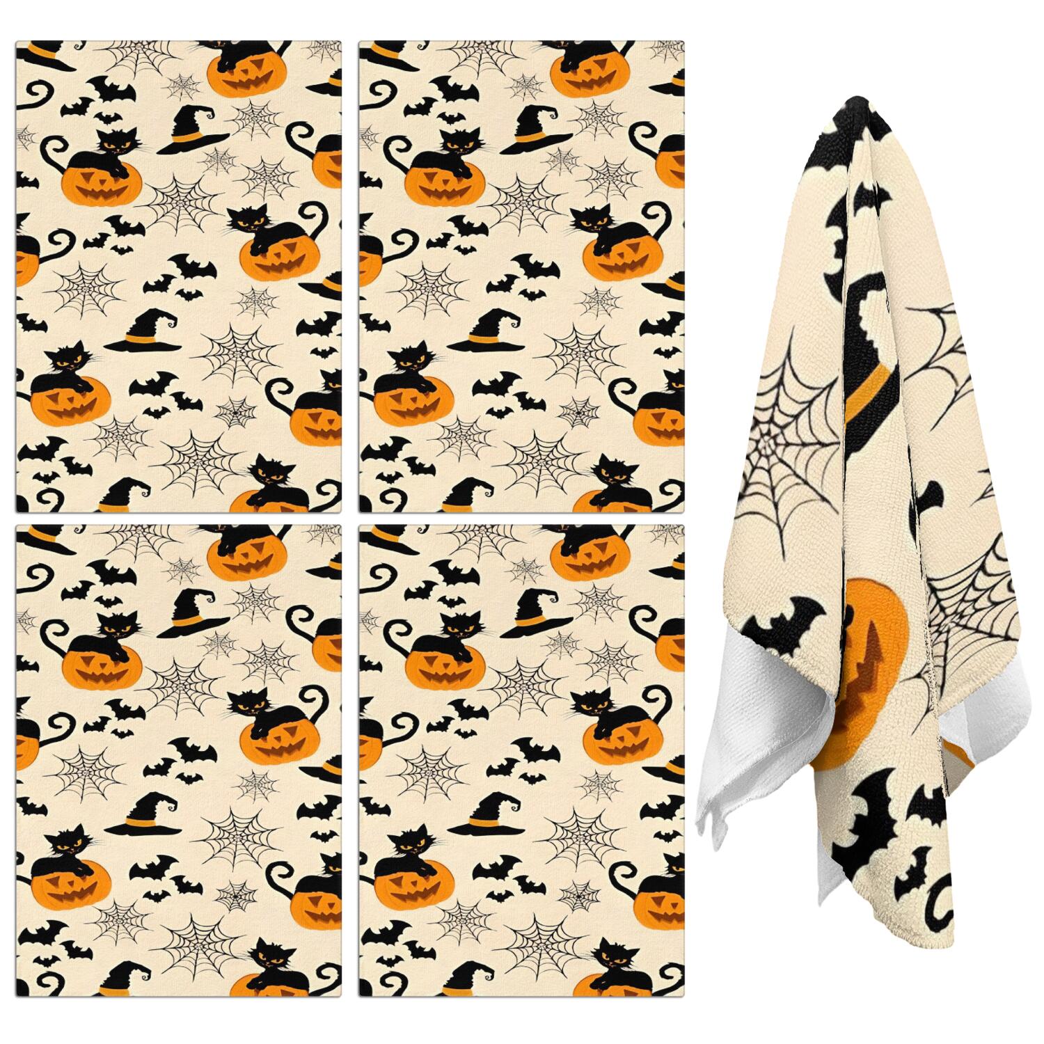 4 Pcs Funny Kitchen Towels,Black Cat Pumpkin Halloween Pattern Microfiber Dish Towels,Kitchen Tea Towels,Kitchen Towel Set (18" X 26")