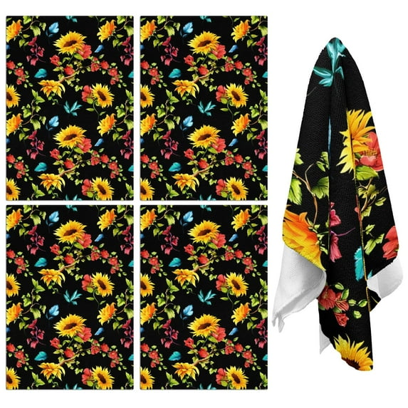 4 Pcs Funny Kitchen Towels,Black Colorful Flower Leaf Sunflower Pattern Microfiber Dish Towels,Kitchen Tea Towels,Kitchen Towel Set (18" X 26")