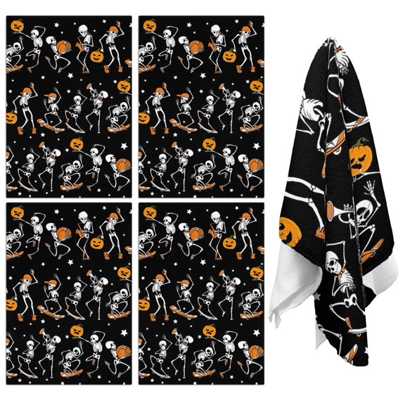4 Pcs Funny Kitchen Towels,Black Halloween Dancing Skeletons Microfiber Dish Towels,Kitchen Tea Towels,Kitchen Towel Set (18" X 26")