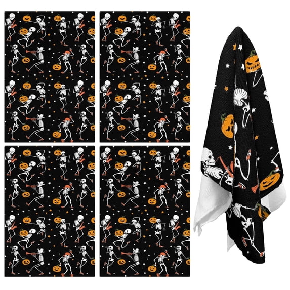 4 Pcs Funny Kitchen Towels,Black Halloween Dancing Skeletons Microfiber Dish Towels,Kitchen Tea Towels,Kitchen Towel Set (18" X 26")