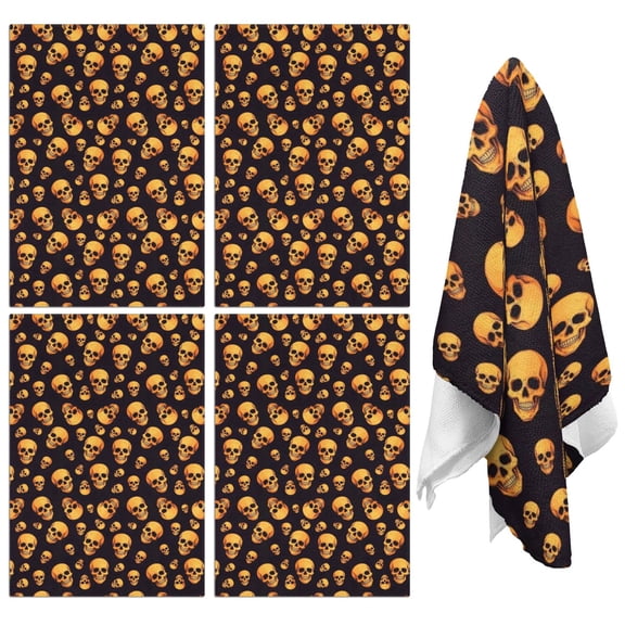 4 Pcs Funny Kitchen Towels,Black Orange Skull Pattern Microfiber Dish Towels,Kitchen Tea Towels,Kitchen Towel Set (18" X 26")
