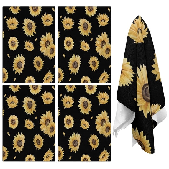 4 Pcs Funny Kitchen Towels,Black Yellow Sunflower Pattern Microfiber Dish Towels,Kitchen Tea Towels,Kitchen Towel Set (18" X 26")