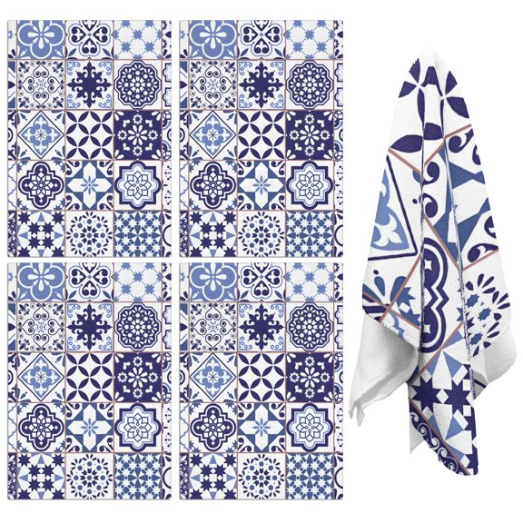 4 Pcs Funny Kitchen Towels,Blue Ethnic Geometric Patchwork Pattern Microfiber Dish Towels,Kitchen Tea Towels,Kitchen Towel Set (18" X 26")