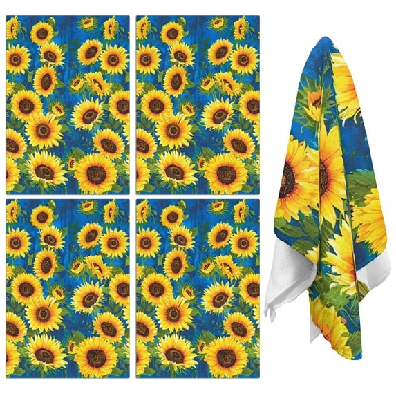 4 Pcs Funny Kitchen Towels,Blue Sunflower Pattern Microfiber Dish Towels,Kitchen Tea Towels,Kitchen Towel Set (18" X 26")