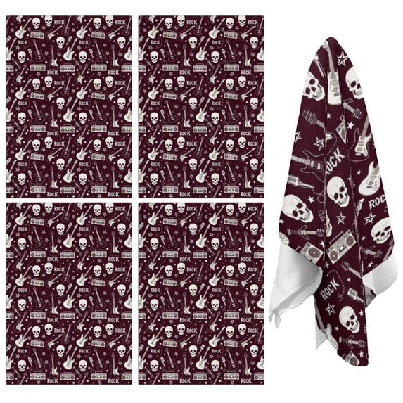 4 Pcs Funny Kitchen Towels,Burgundy Rock Skull Pattern Microfiber Dish Towels,Kitchen Tea Towels,Kitchen Towel Set (18" X 26")