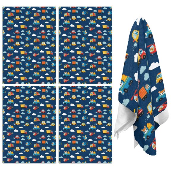 4 Pcs Funny Kitchen Towels,Cartoon Construction Vehicles Clouds Navy Pattern Microfiber Dish Towels,Kitchen Tea Towels,Kitchen Towel Set (18" X 26")