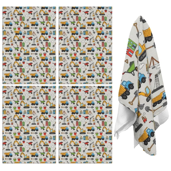4 Pcs Funny Kitchen Towels,Cartoon Construction Vehicles Shovels Light Gray Pattern Microfiber Dish Towels,Kitchen Tea Towels,Kitchen Towel Set (18" X 26")