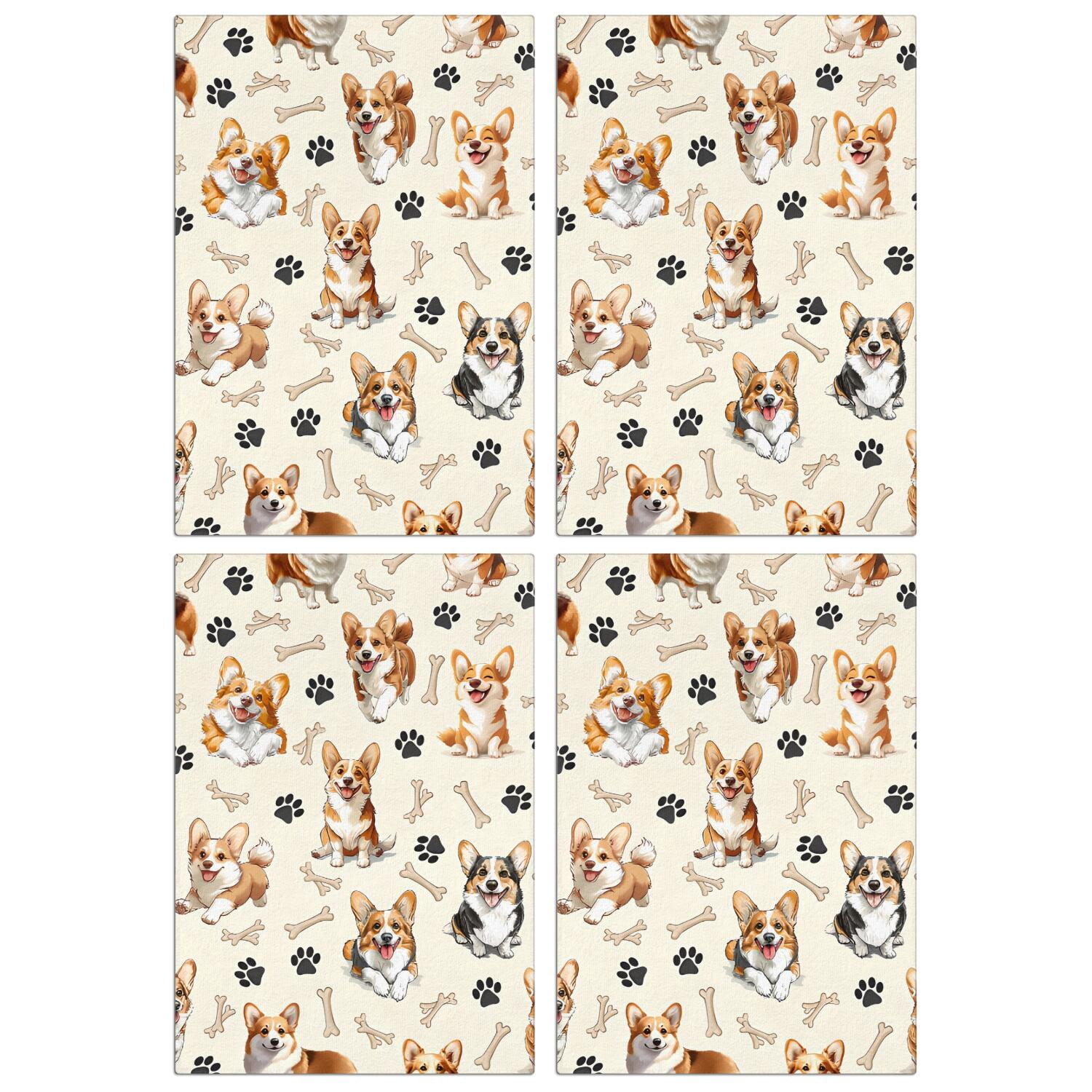 4 Pcs Funny Kitchen Towels,Cartoon Corgi Dog and Footprints Microfiber Dish Towels,Kitchen Tea Towels,Kitchen Towel Set (18" X 26")