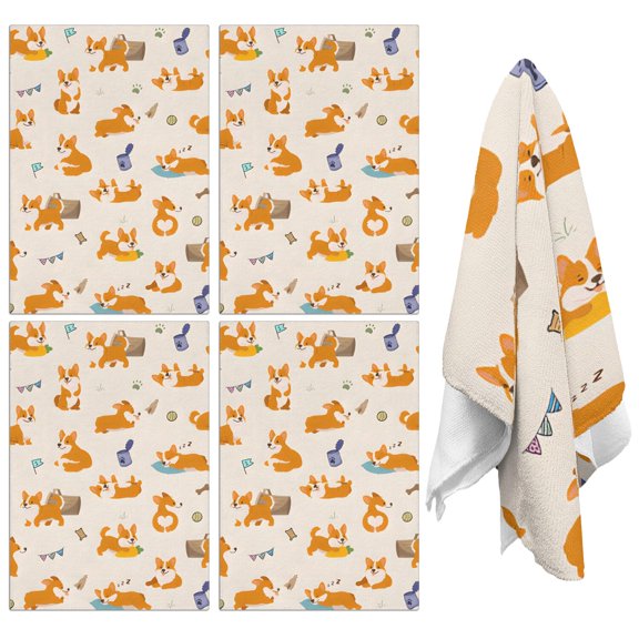 4 Pcs Funny Kitchen Towels,Cartoon Corgi Microfiber Dish Towels,Kitchen Tea Towels,Kitchen Towel Set (18" X 26")